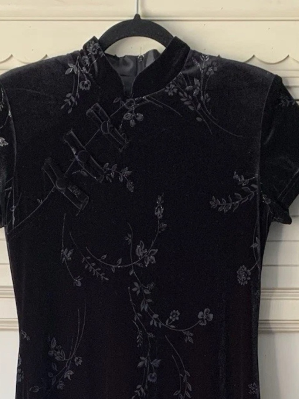 Vintage Dawn Joy Black Velvet Maxi Dress With Mandarin Collar Size 8 90s Y2K